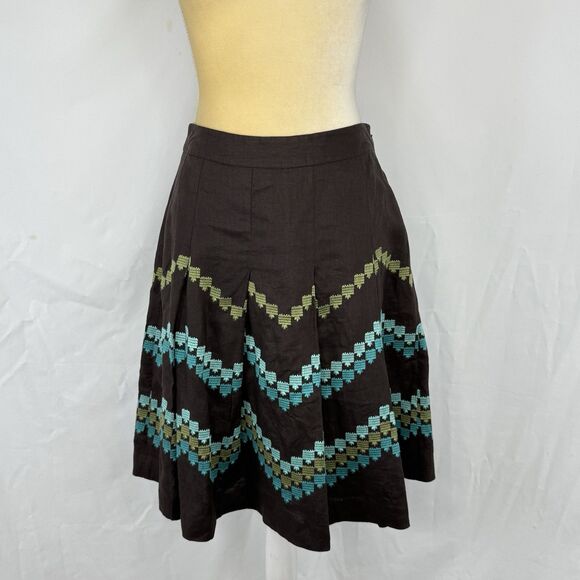 Ann Taylor LOFT Brown Pleat Skirt Embroidered Chevron Pattern 2P Linen - Picture 12 of 16